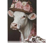 Rompecabezas de Vaca con Sombrero Floral, cartón Rectangular 100% Reciclado, Día del Niño, 1000 Piezas (75 x 50 cm)