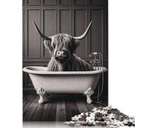 Rompecabezas de Vaca de Las Tierras Altas en la Bañera: Desafiante y Estimulante Rompecabezas de cartón Premium para Adultos y Adolescentes 1000 Piezas (26 x 38 cm).