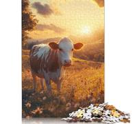 Rompecabezas de Vaca en un Prado al Atardecer, de Papel 100% Reciclado, Rectangular, para Adultos y Adolescentes, 1000 Piezas (26 x 38 cm)