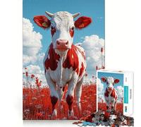 Rompecabezas de Vaca roja y Blanca en el Campo para Adolescentes, 1000 Piezas, Recall Upgrade Calm Relax Clear Cut Art Collection Piece (50x75cm)