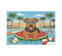 Rompecabezas de verano Airedale Terrier para adultos, 300 piezas, rompecabezas de madera impresos de madera con diseño tropical para entretenimiento creativo