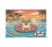 Rompecabezas de verano de 300 piezas con diseño de perro Shiba Inu para adultos, rompecabezas impresos de madera con diseño tropical para entretenimiento creativo