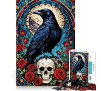 Rompecabezas de vidrieras con diseño de Cuervo sobre Calavera y Rosas, 1000 Piezas, para Adolescentes Ayuda a desarrollar la Memoria Fácil de Usar Bordes limpios Sorpresa navideña (38x52cm)