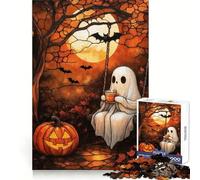 Rompecabezas de vidrieras con Fantasmas y café bajo la Luna, 1000 Piezas para Adultos Juguete para ejercitar la Mente Momento de Paz Arte Coleccionable de Corte nítido 38x26cm