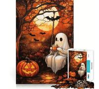 Rompecabezas de vidrieras con Fantasmas y café bajo la Luna, 1000 Piezas para Adultos Juguete para ejercitar la Mente Momento de Paz Arte Coleccionable de Corte nítido 38x26cm