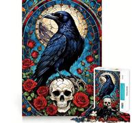 Rompecabezas de vidrieras con Forma de Cuervo sobre Calavera con Rosas para Adolescentes 1000 Piezas Juguete para desarrollar la Capacidad de razonamiento Juego Relajante Corte preciso