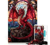 Rompecabezas de vidrieras del dragón Rojo de 1000 Piezas para Adultos Juguete para ejercitar la Mente Imagen Suave y Relajante para armar Un Regalo Encantador (50x75cm)