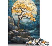 Rompecabezas de vitrales con árbol y Luna, Juego de Bricolaje, Rompecabezas Rectangular de Papel para Regalo de cumpleaños de niño o niña, 1000 Piezas (38 x 26 cm)