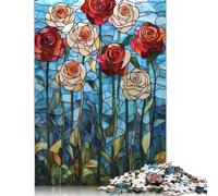 Rompecabezas de vitrales con Rosas, difícil desafío, 100% cartón Reciclado, Ideal para Mujeres y Hombres, Regalo para el Día de la Madre, 1000 Piezas (75 x 50 cm)