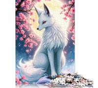 Rompecabezas de Zorro Blanco bajo los cerezos en Flor, Divertido Rompecabezas de cartón Premium para niños y niñas, 1000 Piezas (75 x 50 cm)