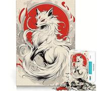 Rompecabezas de Zorro Kitsune Blanco con Sol Rojo de 1000 Piezas para Adultos Juguete Que desafía la Mente Corte preciso Alineación Actividad Nocturna Divertida para Toda la Familia (50x75cm)