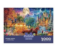 Rompecabezas desafiantes de fantasía Lunar (1000 Piezas): Carruaje tirado por Caballos (Castillo Iluminado por la Luna) para Hombres y Mujeres. Juego Educativo de Papel Reciclado. 70x50cm1000pcs