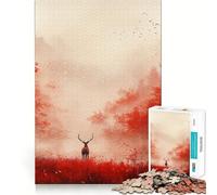 Rompecabezas difícil Bosque otoñal Rojo con Ciervos para Adultos 1000 Piezas Juguete de lógica Pura Actividad en casa Corte Limpio Regalo Encantador (50x75cm)