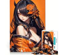 Rompecabezas difícil de 1000 Piezas con diseño de Chica Anime Floral Naranja para Adultos, fácil de armar, Ideal para el Ocio y como Regalo artístico (38x26cm)