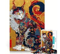 Rompecabezas difícil de 1000 Piezas con ilustración de Gato japonés ornamentado para Adultos Juego Inteligente para el hogar Disfrute del Montaje de la Imagen Regalo Festivo (38x52cm)
