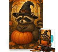 Rompecabezas difícil de 1000 Piezas de Bruja Mapache con Calabaza en Otoño para Adultos Juguete de lógica Pura Actividad en casa Diseño Limpio Regalo Encantador (38x52cm)