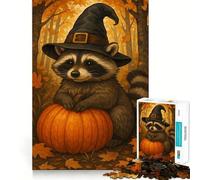 Rompecabezas difícil de 1000 Piezas para Adultos Bruja Mapache con Calabaza en otoño Mejora la Memoria, relaja la Mente, Bordes Afilados, Regalo Elegante (38x26cm)