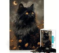Rompecabezas difícil Gato Negro Místico y Luna para Adultos 1000 Piezas Think Toy Peaceful Fun Clean Cut Fine Art Piece (38x26cm)