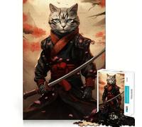 Rompecabezas difícil Gato Samurai Japón para Adultos 1000 Piezas Mejora la Memoria Calma Tranquilidad Corte Suave Regalo clásico (38x52cm)