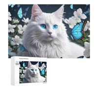 Rompecabezas Difícil para Adultos 1000 PCS Blue-Eyed White Cat with Butterflies Rompecabezas para Adultos Juguete Decoración De Pared Carrera De Velocidad Manual Desafío Educativo 1000 PCS