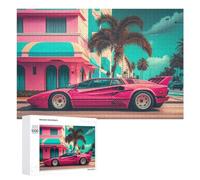 Rompecabezas Difícil para Adultos 1000 PCS Vibrant Pink Sports Car in Tropical Cityscape Rompecabezas Familiar Juego Regalo De Cumpleaños Gran Regalo para Jugar 1000 PCS