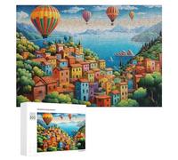 Rompecabezas Difícil Para Adultos 300 PCS Colorful Village by The Lake with Hot Air Balloons Rompecabezas Para Adultos Juguete Decoración De Pared Carrera De Velocidad Manual Desafío Educativo 300 PCS