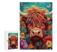 Rompecabezas Difícil para Adultos 300 PCS Floral Highland Cow Art Print Rompecabezas Familiar Juego Regalo De Cumpleaños Gran Regalo para Jugar 300 PCS