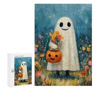 Rompecabezas Difícil para Adultos 300 PCS Halloween Ghost with Flowers and Pumpkin Rompecabezas para Adultos Juegos De Relajación Desafío Difícil Desafiante De Completar 300 PCS