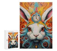 Rompecabezas Difícil para Adultos 300 PCS Timeless Rabbit A Whimsical Fusion of Colors and Clocks Rompecabezas De Juguete Decoración De Pared Arte De Pared Regalo De Cumpleaños, Regalos, 300 PCS