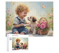 Rompecabezas Difícil para Adultos 500 PCS Baby with Puppy and Flowers Basket Rompecabezas De Juguete Decoración De Pared Arte De Pared Regalo De Cumpleaños, Regalos, 500 PCS