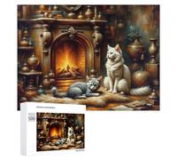 Rompecabezas Difícil para Adultos 500 PCS Cozy Cats by The Fireplace Rompecabezas para Adultos Juguete Decoración De Pared Carrera De Velocidad Manual Desafío Educativo 500 PCS