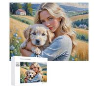 Rompecabezas Difícil para Adultos 500 PCS Girl with Puppy in Field Rompecabezas para Adultos Juguete Decoración De Pared Carrera De Velocidad Manual Desafío Educativo 500 PCS