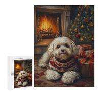 Rompecabezas Difícil para Adultos 500 PCS Havanese Dog in Christmas Sweater by Fireplace Rompecabezas para Adultos Juegos De Relajación Desafío Difícil Desafiante De Completar 500 PCS