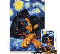 Rompecabezas difícil para Adultos: Cachorro Rottweiler durmiendo en la Noche Estrellada, 1000 Piezas Juguete de lógica Fina, Divertido y Relajante Bordes limpios Regalo Original (50x75cm)