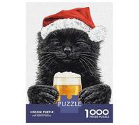Rompecabezas Difícil para Adultos De 1000 Piezas Black Cat in Santa Hat with Beer Rompecabezas Juego Práctico Una Obra De Arte Regalos para Amigos Y Familiares 38x26cm/1000pcs
