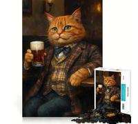 Rompecabezas difícil para Adultos de 1000 Piezas con diseño de Gato atigrado Naranja en un Pub sosteniendo una Cerveza Juguete de lógica sólida Sencillo y Divertido con Corte de precisión de Navidad