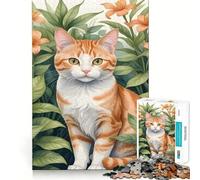 Rompecabezas difícil para Adultos de 1000 Piezas con diseño de Gato atigrado Naranja Entre Flores Fácil de armar Regalo artístico (50x75cm)