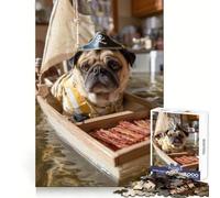 Rompecabezas difícil para Adultos de 1000 Piezas con diseño de Perro Pug Pirata navegando con Tocino Fácil de armar Regalo artístico (38x26cm)