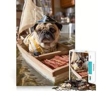 Rompecabezas difícil para Adultos de 1000 Piezas con diseño de Perro Pug Pirata navegando con Tocino Fácil de armar Regalo artístico (38x26cm)