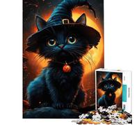 Rompecabezas difícil para Adultos de 1000 Piezas Gato Negro de Halloween con Sombrero de Bruja Actividades Divertidas para Hacer en casa en Familia Juegos Divertidos Apto para Mayores de 14 años