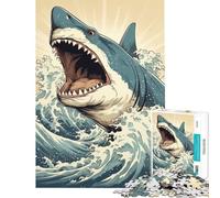 Rompecabezas difícil para Adultos de 1000 Piezas Tiburón Japón Gran Ola Desafío Educativo Decoración de Pared Juguete Decoración de Pared para Mayores de 14 años Juego 38x52cm
