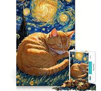 Rompecabezas difícil para Adultos Gato atigrado Naranja durmiendo en una Noche Estrellada, 1000 Piezas Juego Inteligente para el hogar Disfrute del Montaje de la Imagen Regalo Festivo (38x26cm)