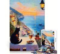 Rompecabezas difícil para Adultos Gato contemplando la Puesta de Sol sobre la Costa Italiana,1000 Piezas Requiere Memoria Ideal para Relajarse Bordes definidos (38x26cm)