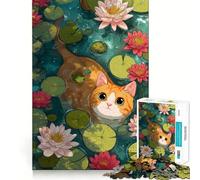 Rompecabezas difícil para Adultos Gato Naranja Nadando en un Estanque de nenúfares, 1000 Piezas Juego Inteligente para el hogar Disfrute del Montaje de la Imagen Regalo Festivo (50x75cm)