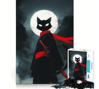Rompecabezas difícil para Adultos Gato Ninja con Katana y Luna 1000 Piezas Memory Lift Fácil de armar Ocio Imagen Regalo Artístico (38x26cm)