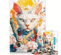 Rompecabezas difícil para Adultos: Gato Samurai Devon Rex con Flores de Cerezo, 1000 Piezas Juguete Intelectual Tiempo de Juego Acogedor Corte de Calidad (38x26cm)