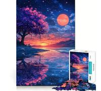 Rompecabezas difícil para Adultos Lago al Atardecer con Cerezo en Flor, 1000 Piezas, Juguete lógico, vínculo Familiar, Corte de precisión, cálida Sorpresa 38x52cm