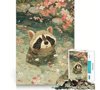 Rompecabezas difícil para Adultos Mapache en Estanque con Flores de Cerezo, 1000 Piezas, Rompecabezas Mental, Relajante, Arte para armar, (38x26cm)