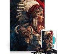 Rompecabezas difícil para Adultos Mujer nativa Americana, Bisonte y Lobo, 1000 Piezas, Juguete de lógica Resistente, Tiempo en Familia, Bordes definidos, Regalo Ideal (38x52cm)