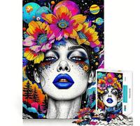 Rompecabezas difícil para Adultos Mujer psicodélica con Corona Floral y Planetas, 1000 Piezas, Memory Lift, fácil de armar, Ideal para el Ocio Regalo artístico (50x75cm)